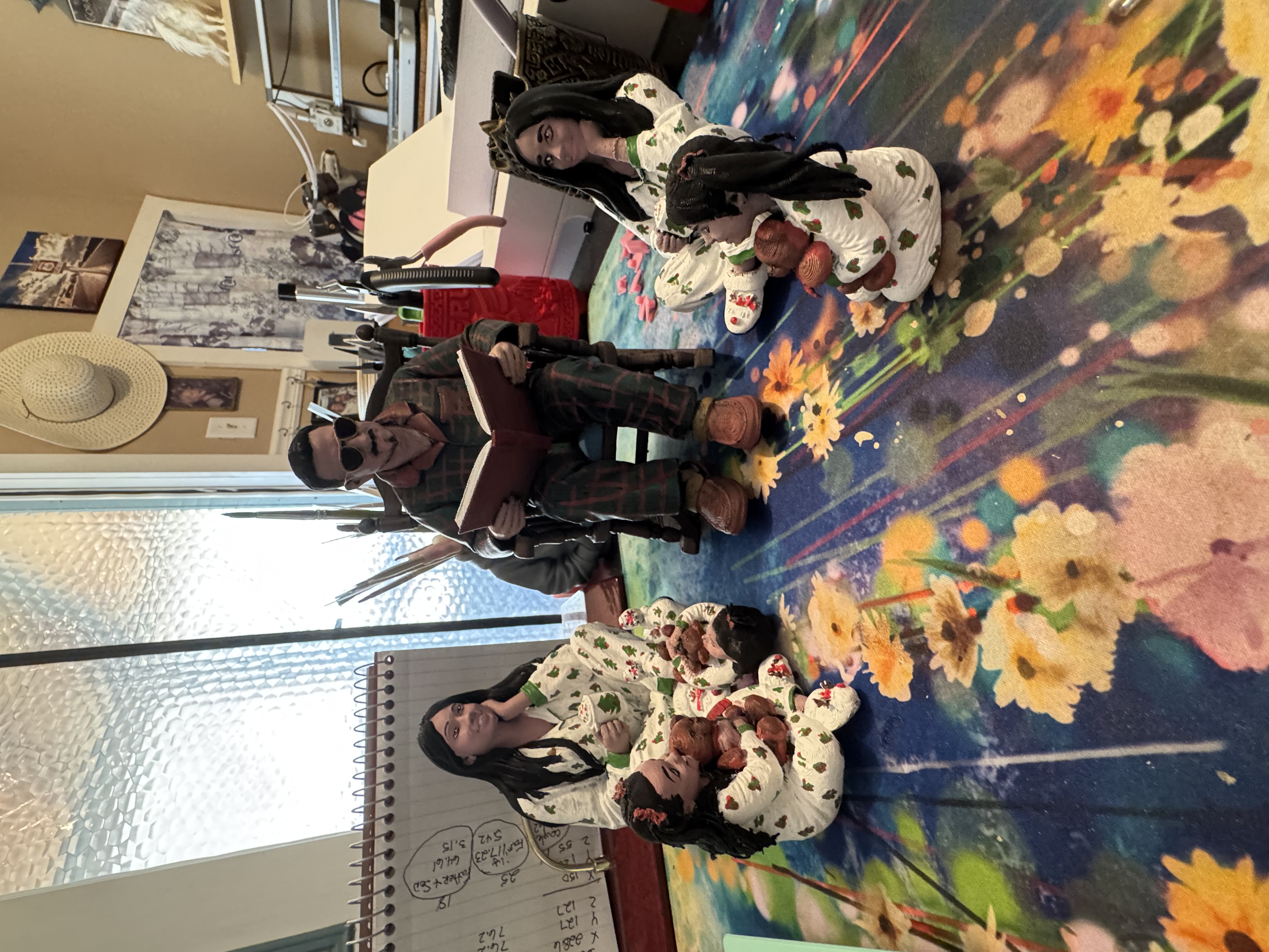 Grandpa reading in his rocking chair with his five granddaughters, custom 3D printed figurine keepsake